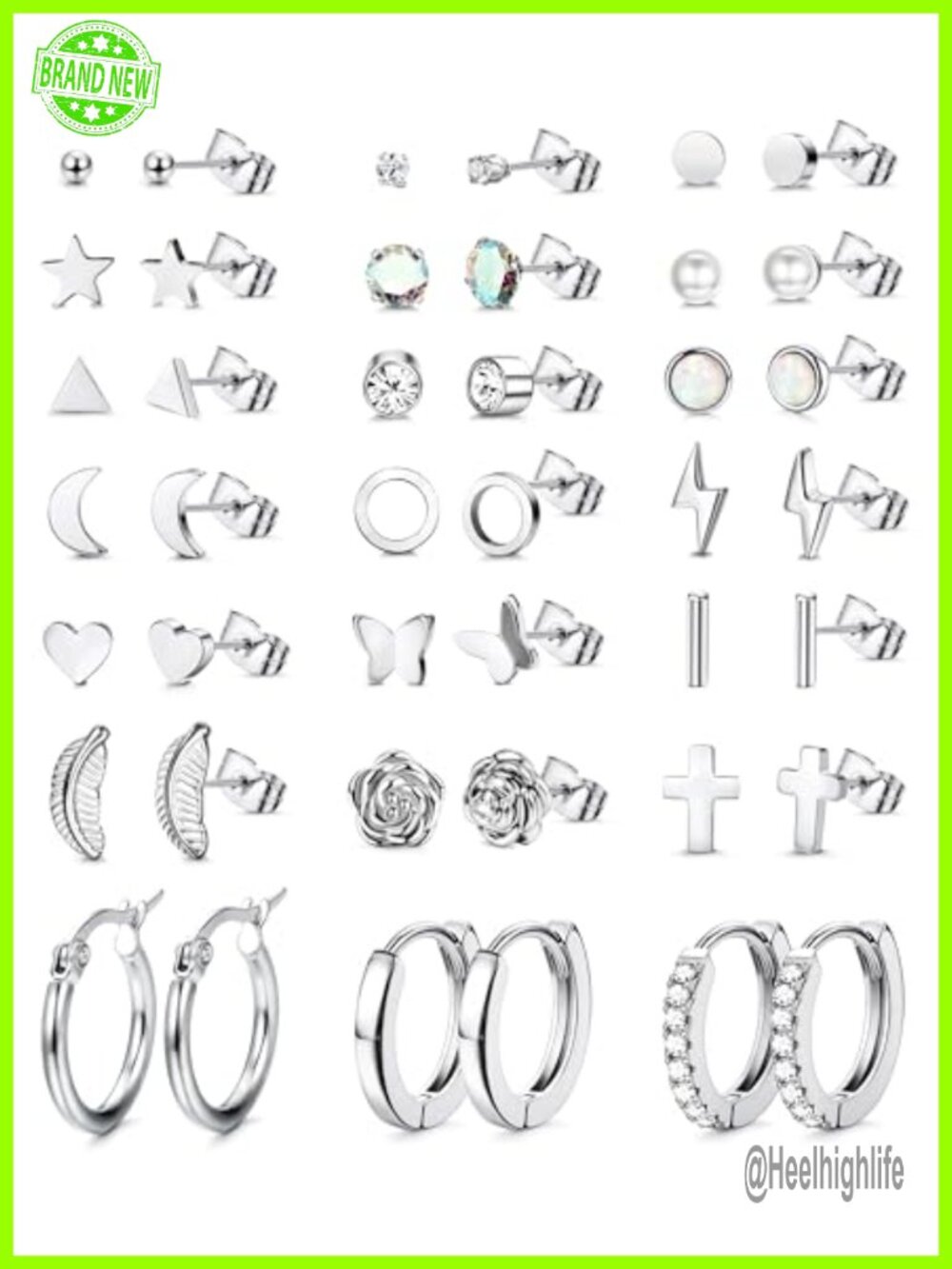 Hypoallergenic Stainless Steel Earrings Set 18 Pairs Stud Hoop Silver Plated